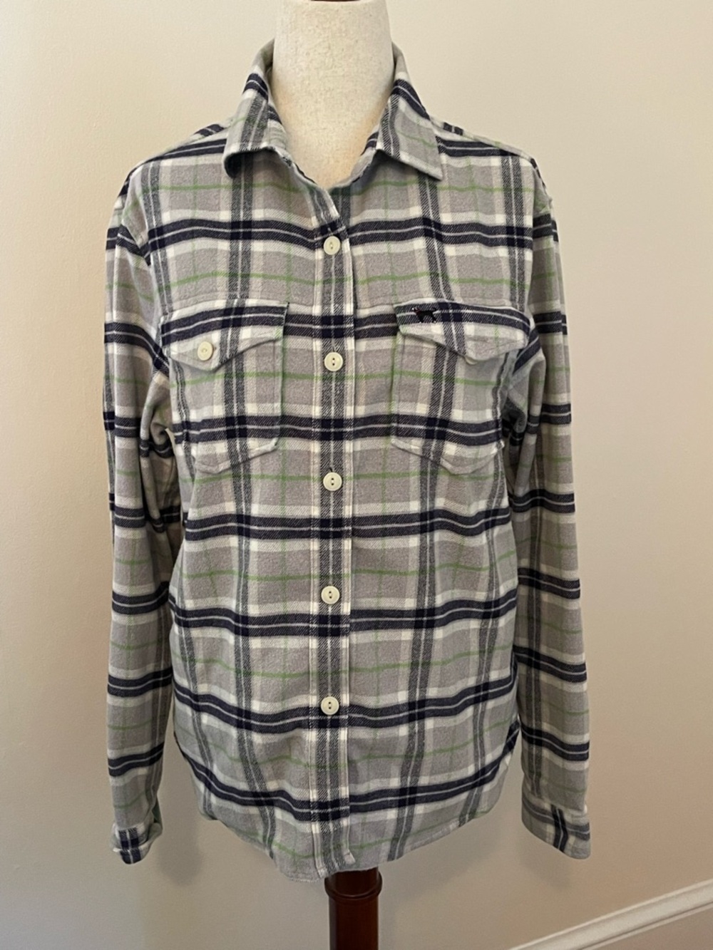 The Black Dog Flannel Plaid Shirt XS Gray Blue Green with Pockets